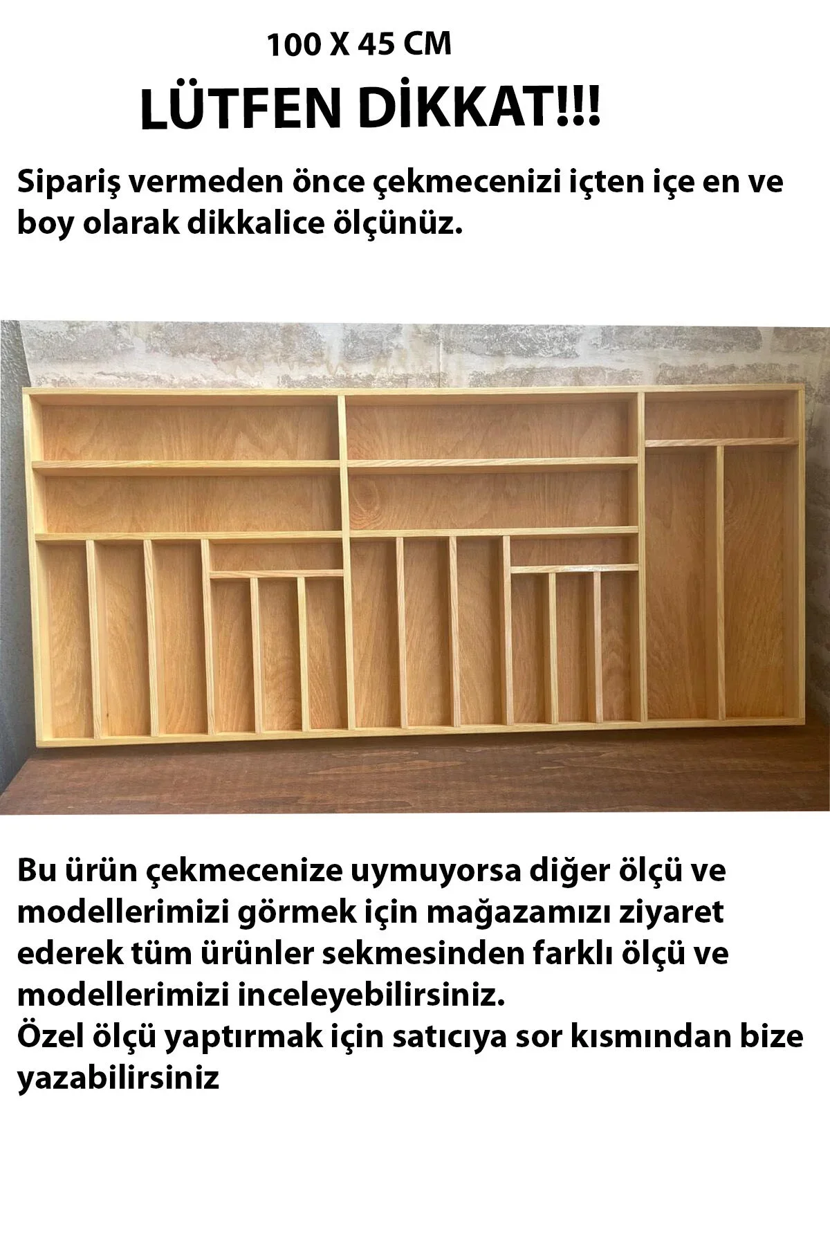 100×45 Cm Kaşıklık & Kepçelik El İşçiliği Masif Ahşap Çekmece İçi Organizer