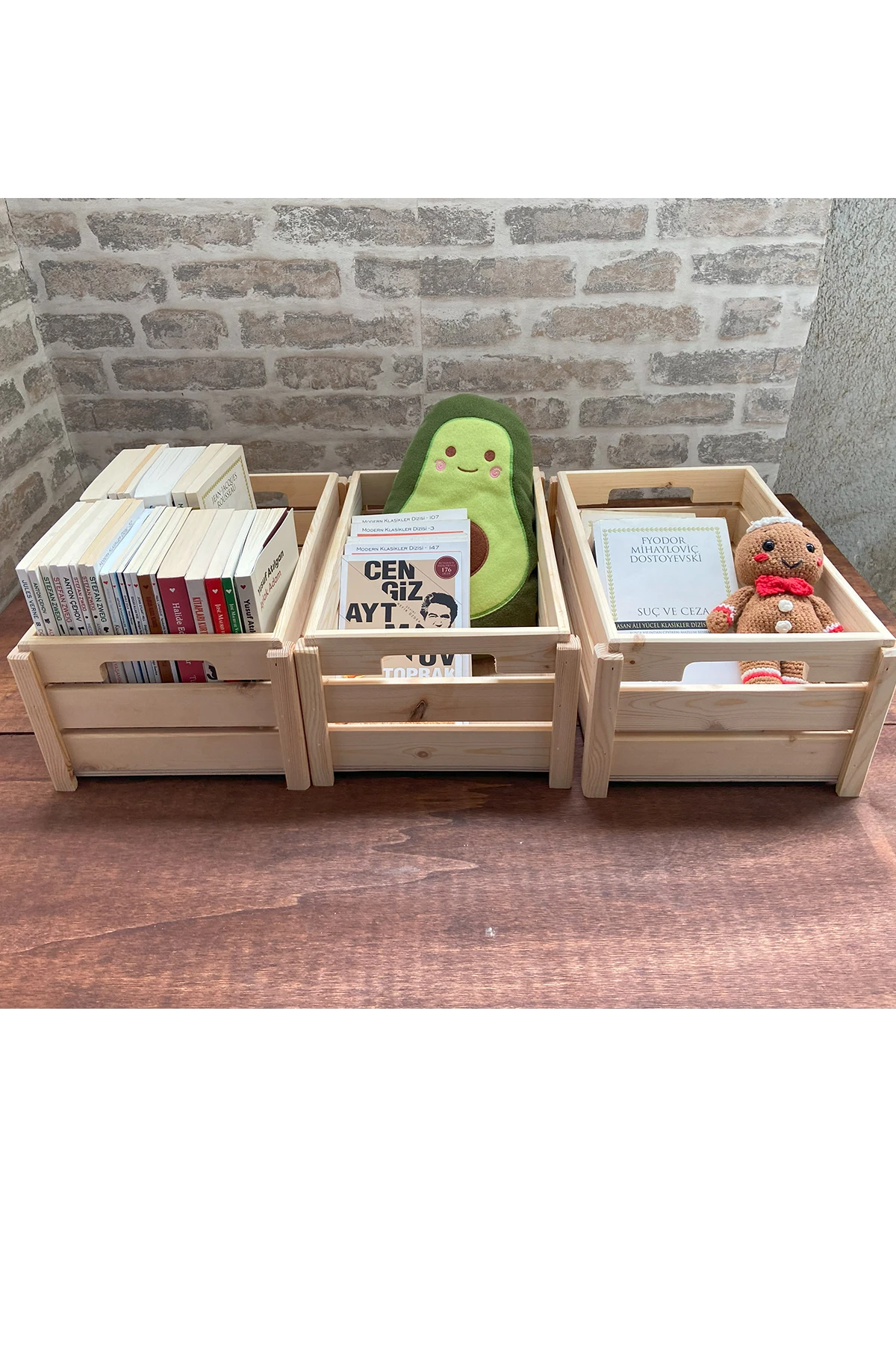 3 Adet Kitap Düzenleyici Doğal Ahşap Saklama Kutusu Ahşap Kitap Organizer 3 Adet
