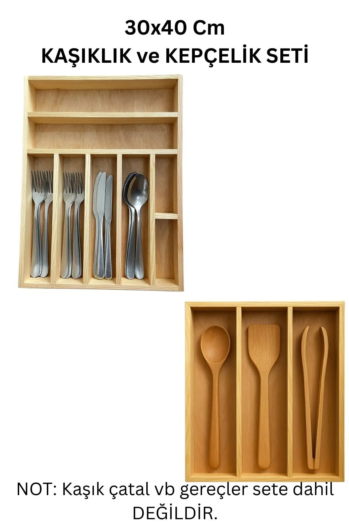 30×40 Cm Çok Bölmeli Ahşap Kaşıklık ve Kepçelik Seti – Çekmece Düzenleyici- Ahşap Organizer