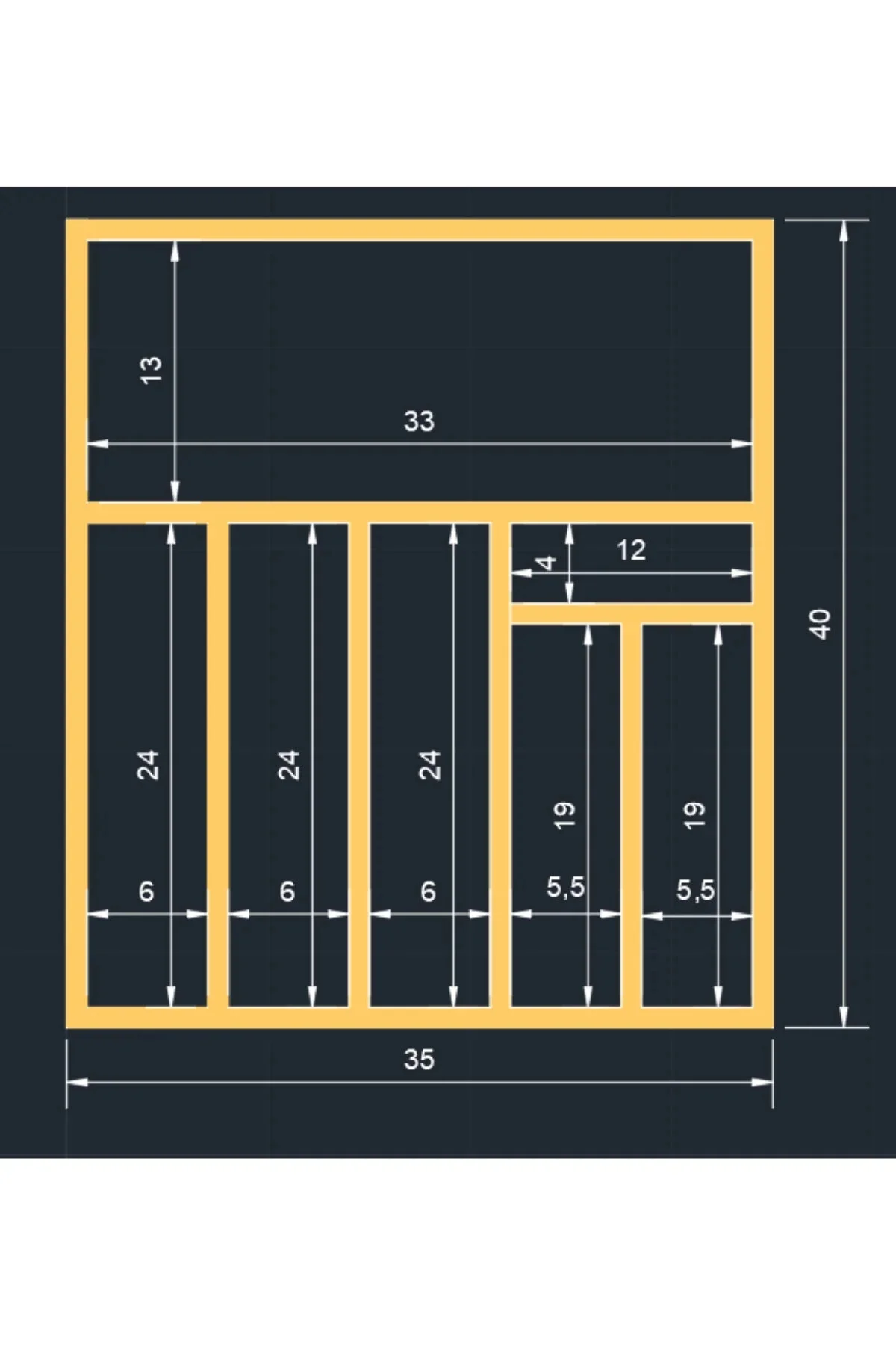 35×40 Cm Çok Bölmeli Ahşap Kaşıklık ve Kepçelik Seti – Çekmece Düzenleyici- Ahşap Organizer Üstten Kuşbakışı Görünüm