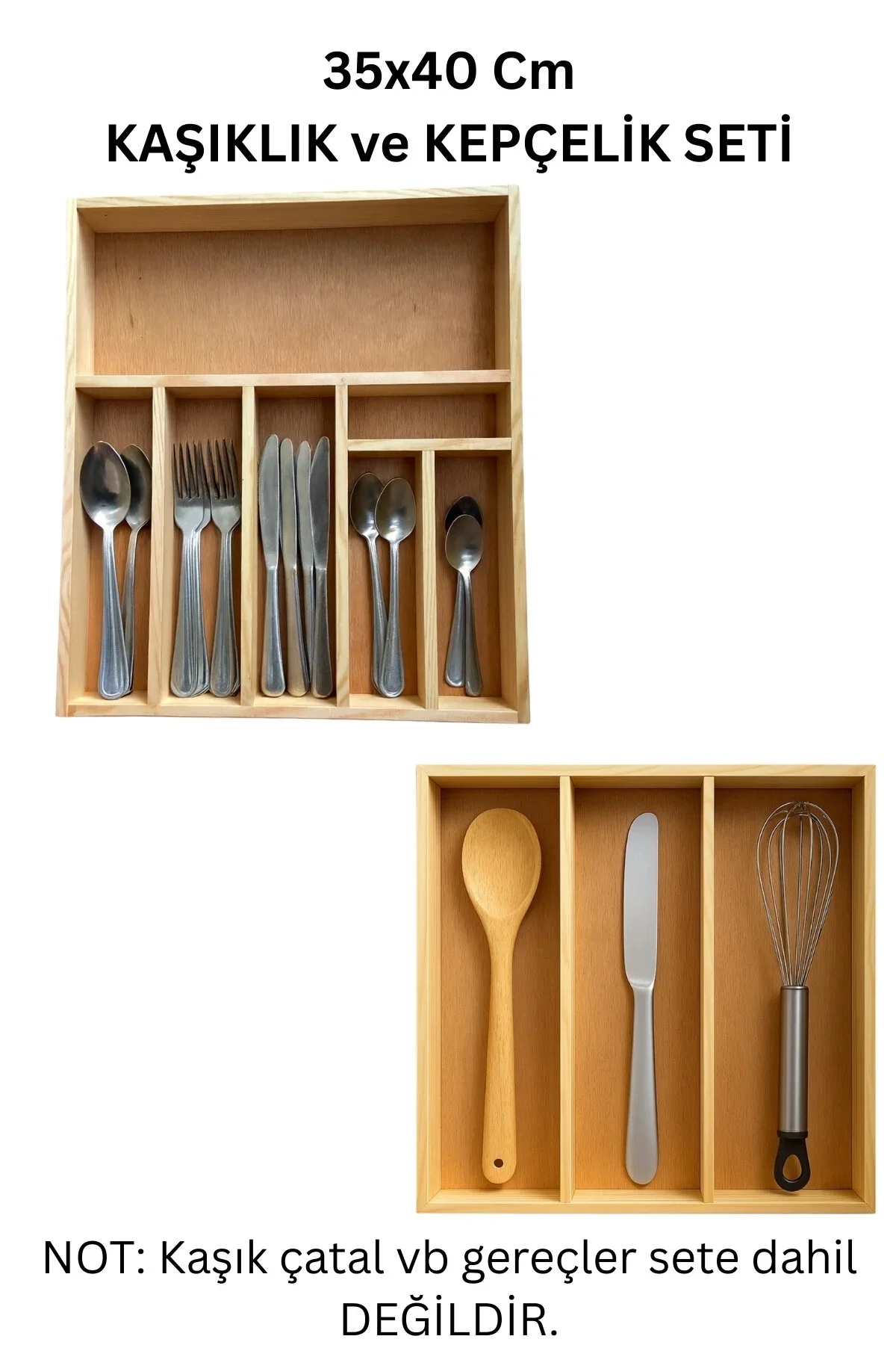 35×40 Cm Çok Bölmeli Ahşap Kaşıklık ve Kepçelik Seti – Çekmece Düzenleyici- Ahşap Organizer
