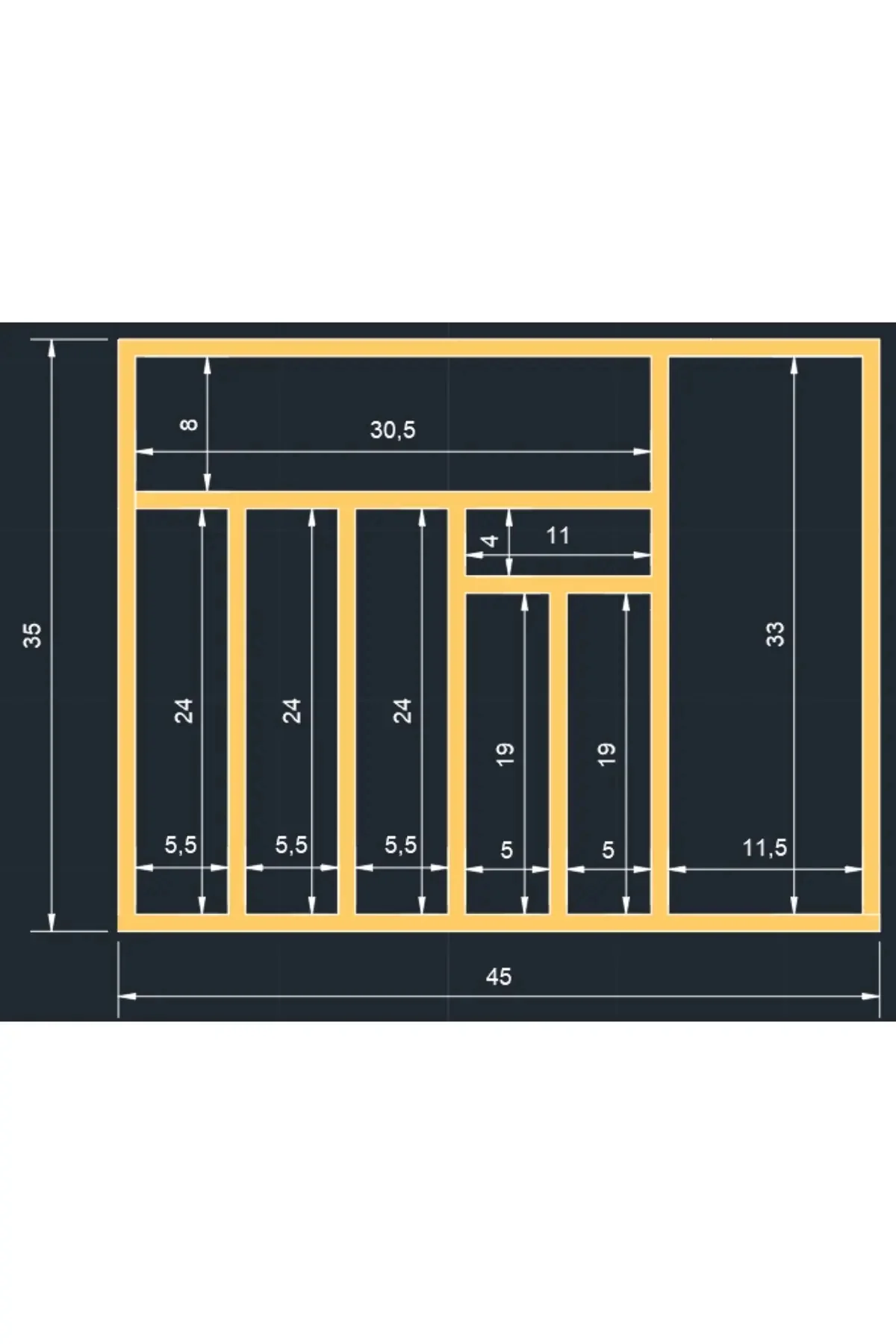 40×35 Cm Ahşap Kaşıklık Çekmece İçi Kepçe Maşa Ve Servis Gereçleri Düzenleyici Organizer Bölmeleri ve Ahşap İşçilik Detayı
