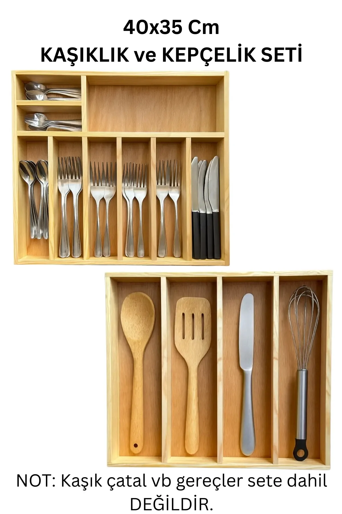 40×35 Cm Çok Bölmeli Ahşap Kaşıklık ve Kepçelik Seti – Çekmece Düzenleyici- Ahşap Organizer