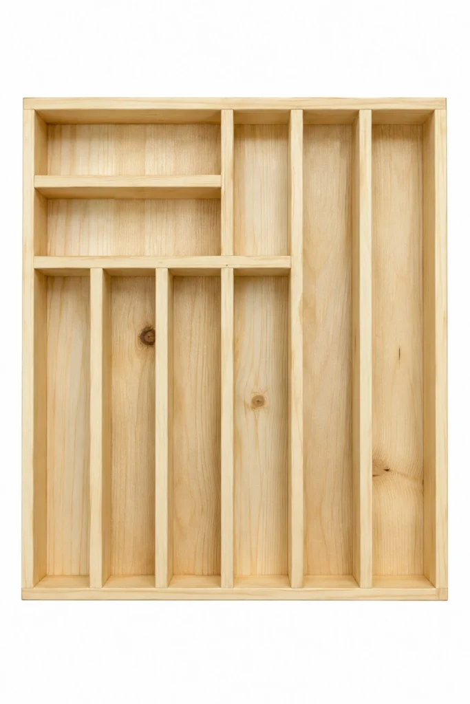 40×40 Kaşıklık Çekmece Içi Doğal Ahşap 9 Bölmeli Kaşık, Çatal, Bıçak Organizer