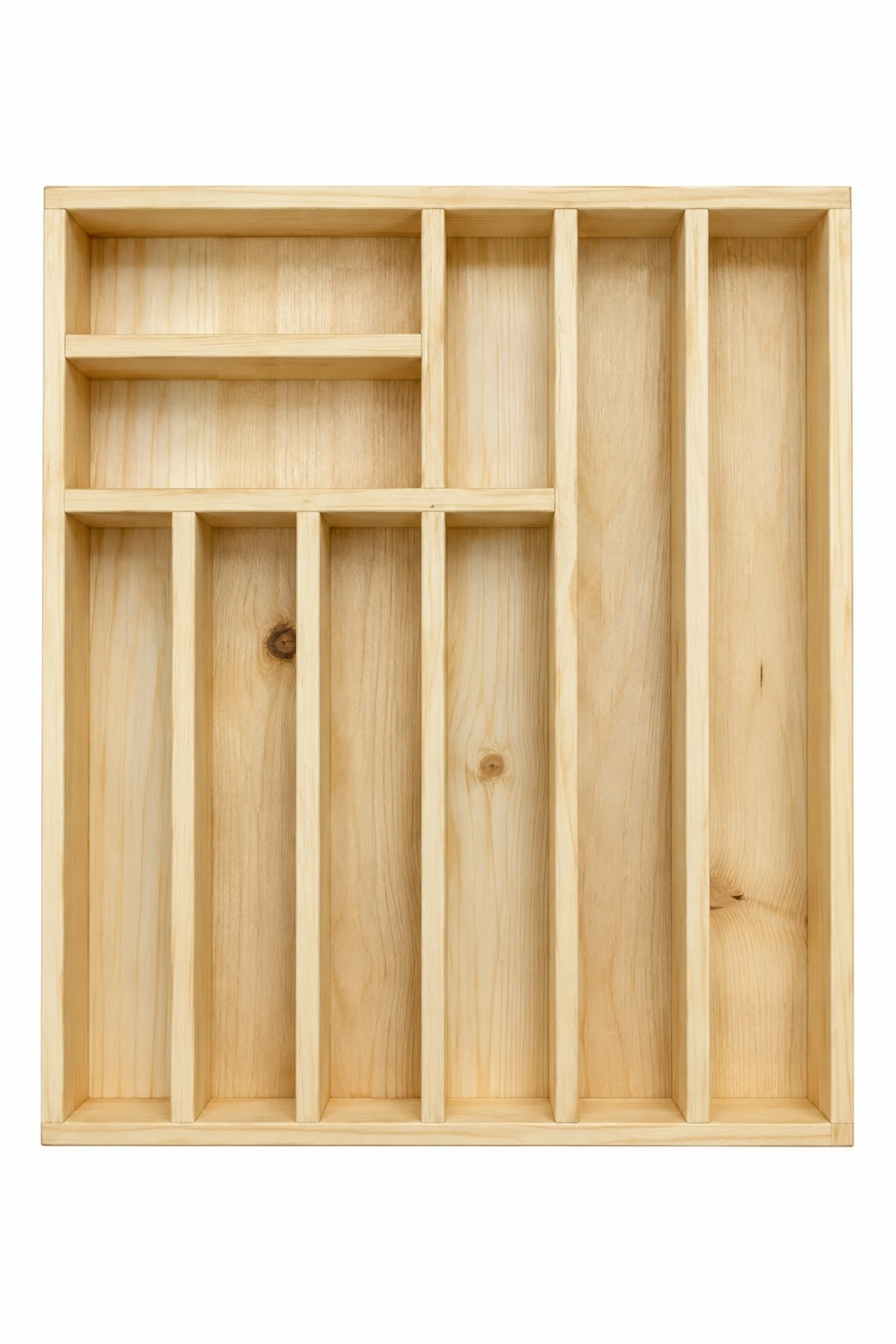 40×40 Kaşıklık Çekmece Içi Doğal Ahşap 9 Bölmeli Kaşık, Çatal, Bıçak Organizer