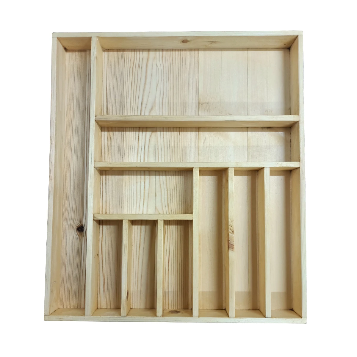44×50 Kaşıklık Çekmece Içi Doğal Ahşap 10 Bölmeli Kaşık, Çatal, Bıçak Organizer Üstten Kuşbakışı Görünüm