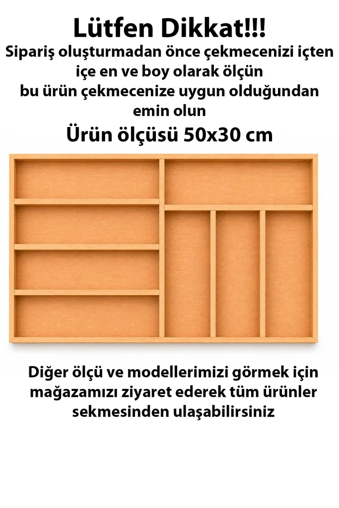 50×30 cm Ahşap Kaşıklık Çekmece İçi Organizer Doğal Ahşap Mutfak Düzenleyici