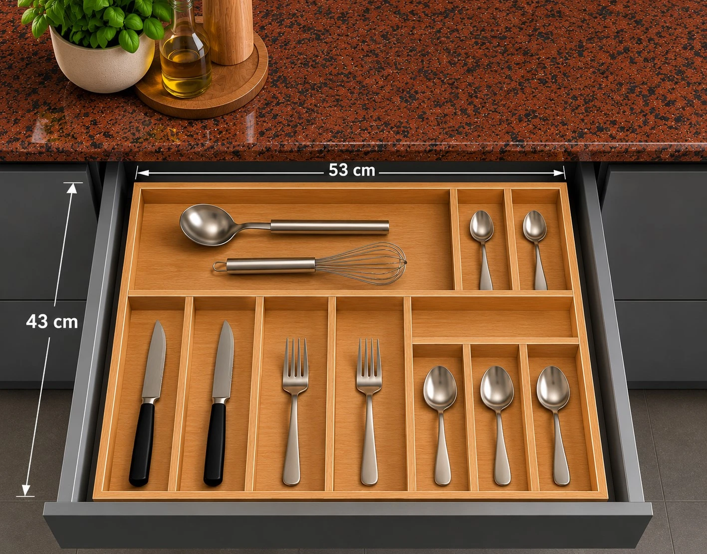 53 x 43 cm Ahşap Kaşıklık Çekmece İçi Organizer Doğal Ahşap Mutfak Düzenleyici Çekmece İçi Kullanım ve Düzen Görünümü