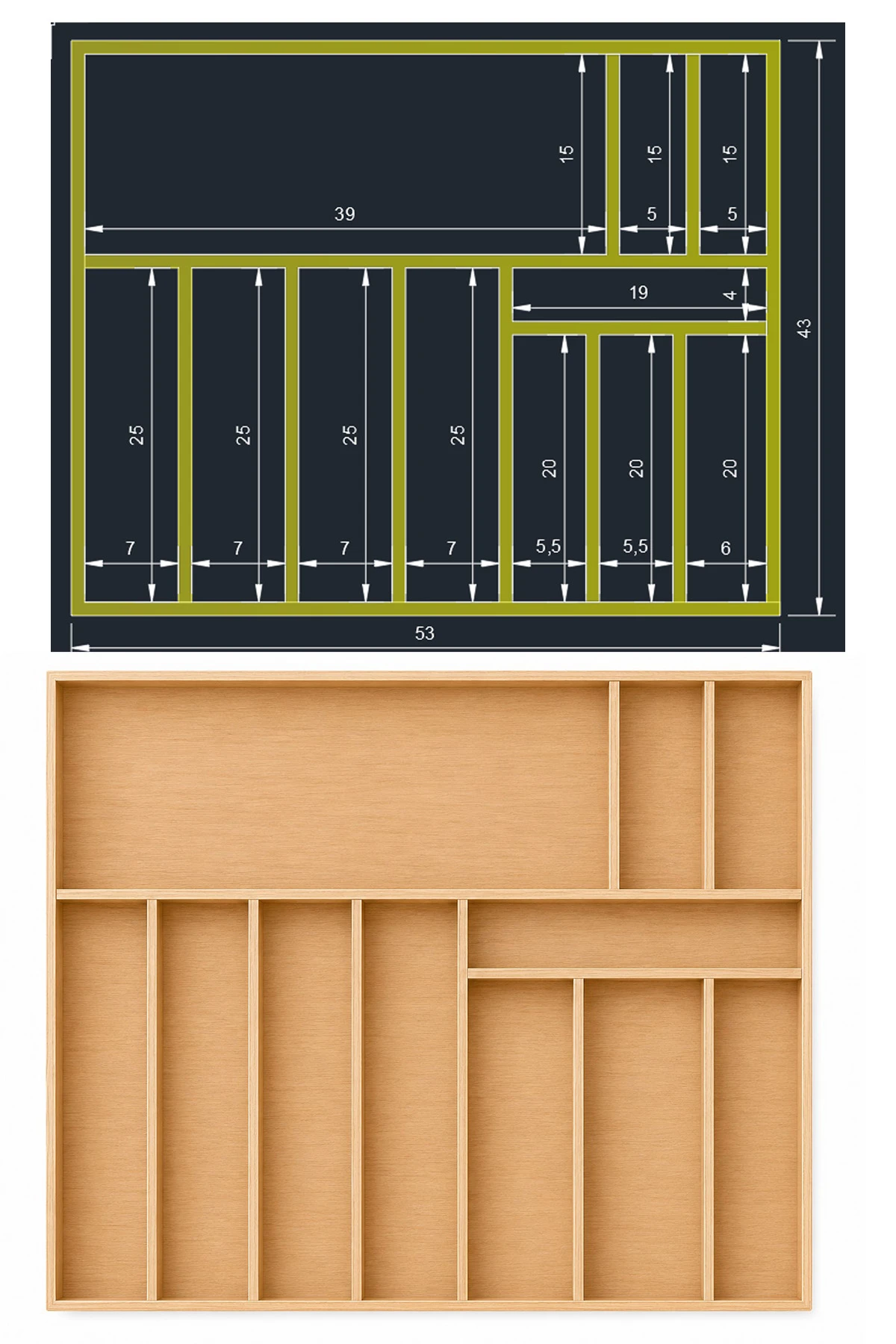 Doğal Masif Ahşap Doku ve Malzeme Kalitesi - 53 x 43 cm Ahşap Kaşıklık Çekmece İçi Organizer Doğal Ahşap Mutfak Düzenleyici