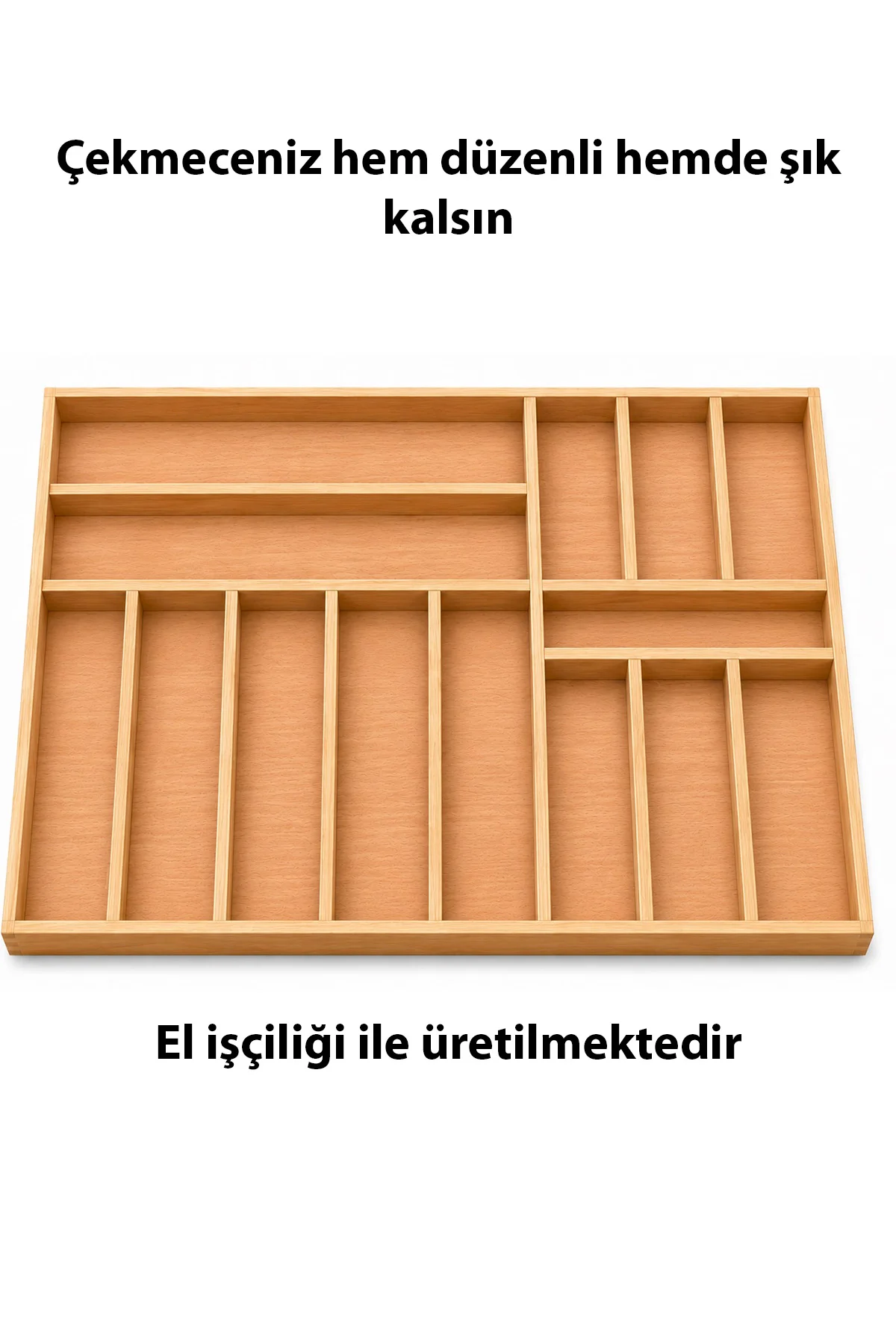 62×47 cm Ahşap Kaşıklık Çekmece İçi Organizer Doğal Ahşap Mutfak Düzenleyici Çekmece İçi Kullanım ve Düzen Görünümü