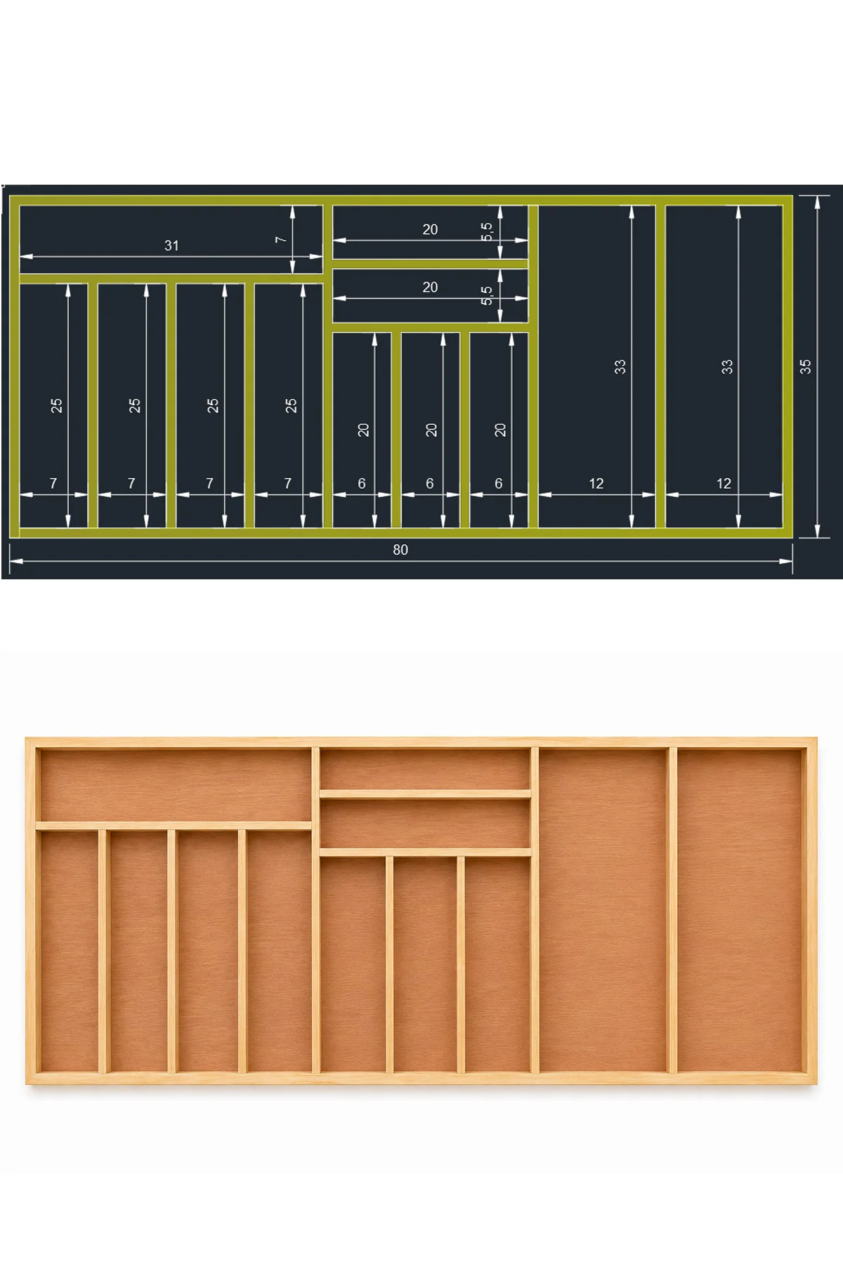 80×35 cm Ahşap Kaşıklık Çekmece İçi Organizer Doğal Ahşap Mutfak Düzenleyici Çekmece İçi Kullanım ve Düzen Görünümü