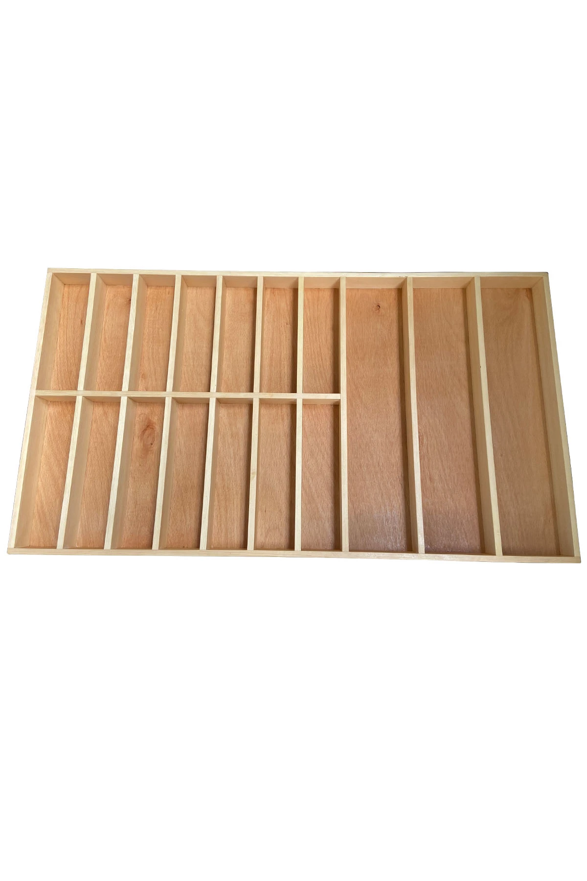 80×45 Kaşıklık Çekmece Içi Doğal Ahşap 17 Bölmeli Kaşık, Çatal, Bıçak Organizer 80×45 Bölmeleri ve Ahşap İşçilik Detayı