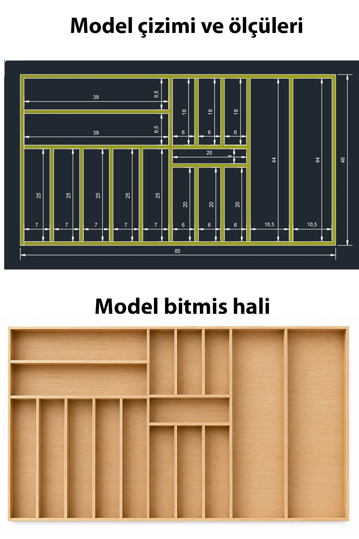 85×46 cm Ahşap Kaşıklık Çekmece İçi Organizer Doğal Ahşap Mutfak Düzenleyici Çekmece İçi Kullanım ve Düzen Görünümü