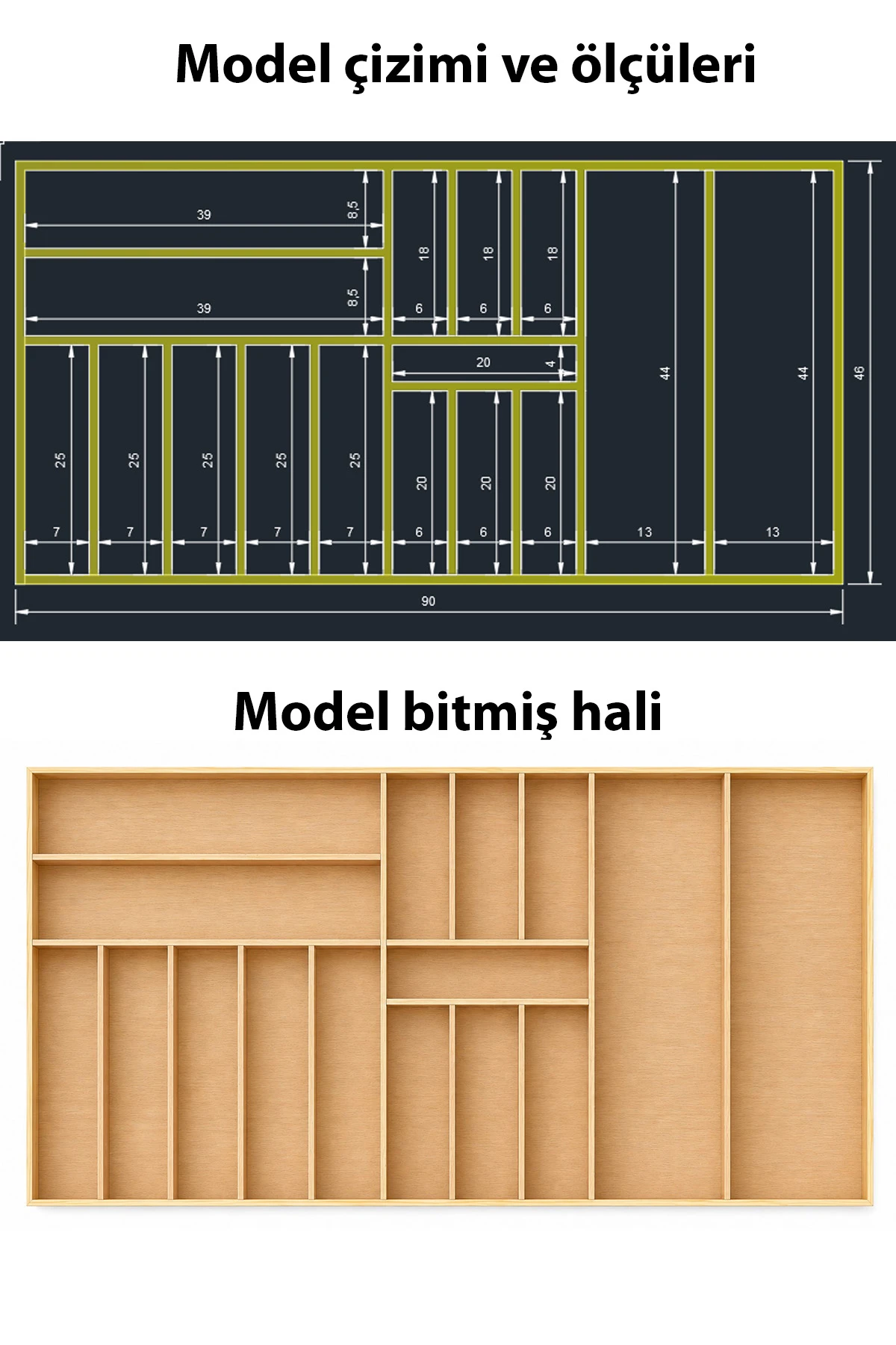Doğal Masif Ahşap Doku ve Malzeme Kalitesi - 90X46 cm Ahşap Kaşıklık Çekmece İçi Organizer Doğal Ahşap Mutfak Düzenleyici