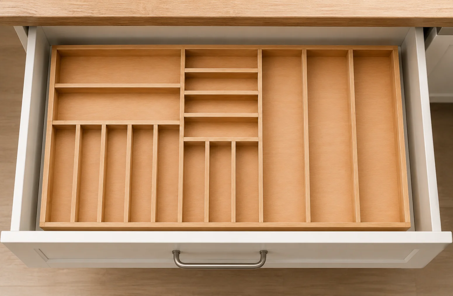 95×45 cm Ahşap Kaşıklık Çekmece İçi Organizer Doğal Ahşap Mutfak Düzenleyici Bölmeleri ve Ahşap İşçilik Detayı