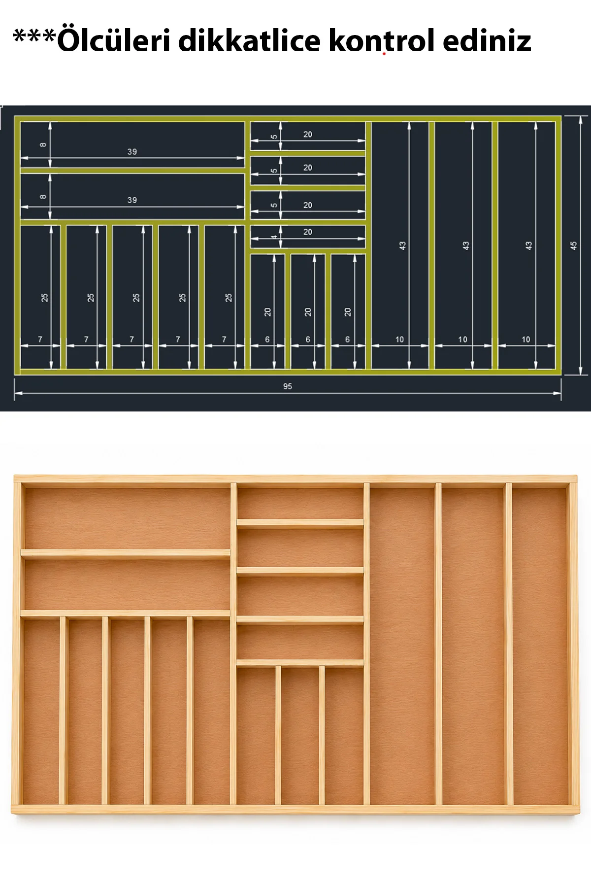 95×45 cm Ahşap Kaşıklık Çekmece İçi Organizer Doğal Ahşap Mutfak Düzenleyici Çekmece İçi Kullanım ve Düzen Görünümü