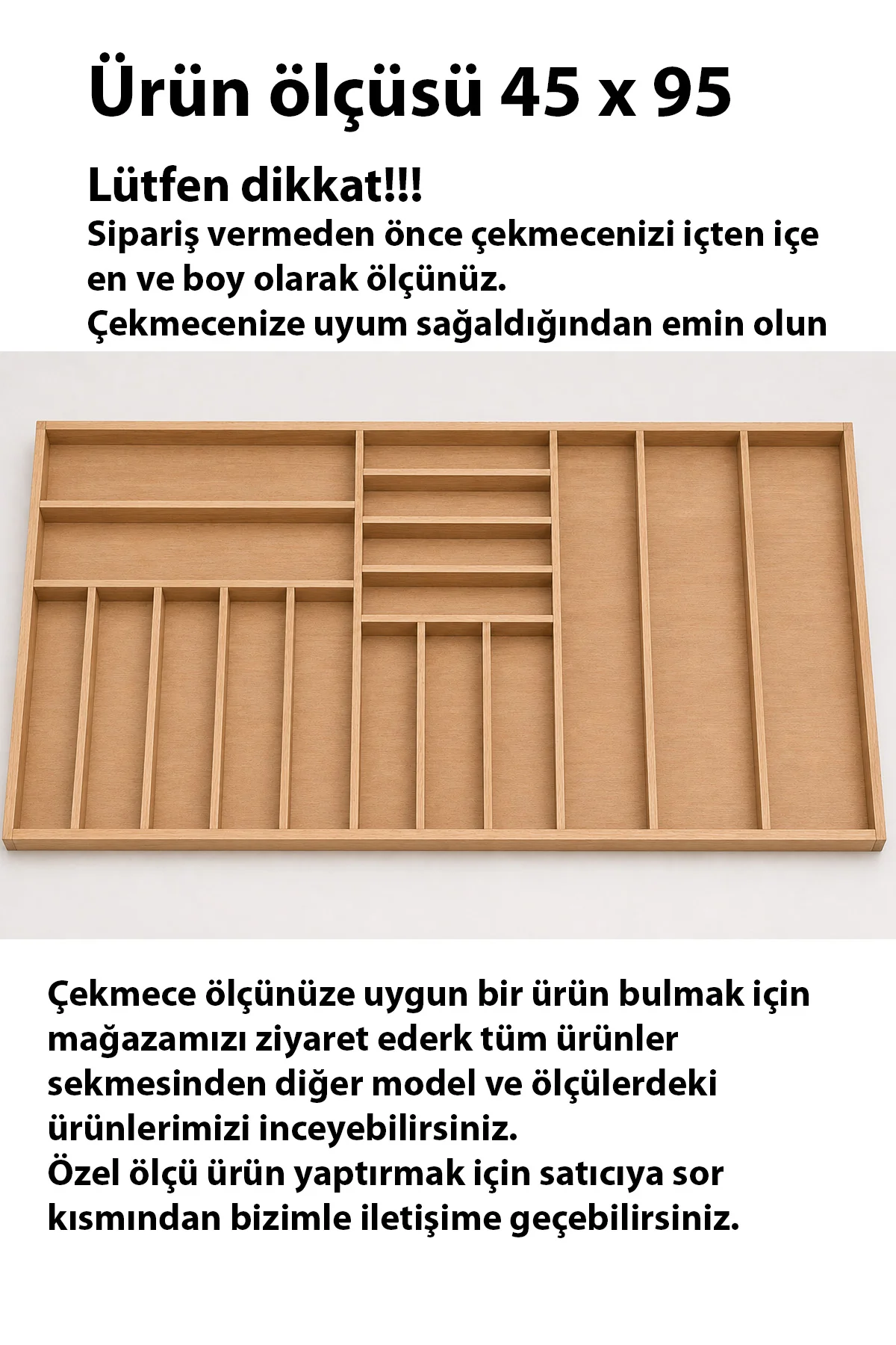 95×45 cm Ahşap Kaşıklık Çekmece İçi Organizer Doğal Ahşap Mutfak Düzenleyici