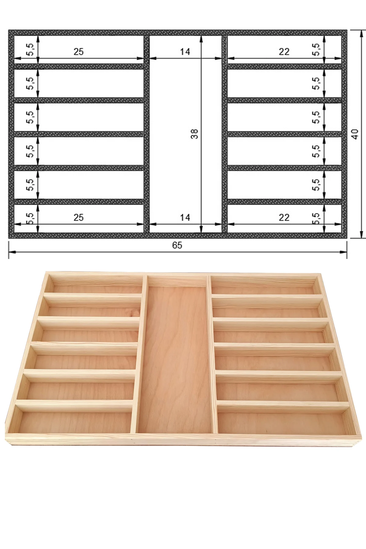 65 X 40 Cm Ayfiwood Ahşap Kaşıklık Çekmece İçi Yemek Takımı Ve Servis Gereçleri Düzenleyici Organizer Çekmece İçi Kullanım ve Düzen Görünümü
