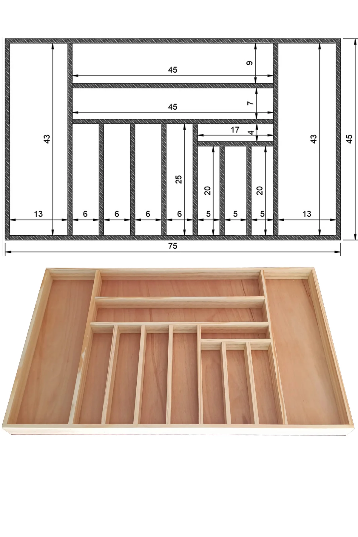75 x 45 Cm Ayfiwood Ahşap Kaşıklık Ahşap Kaşıklık ve Servis Gereçleri Düzenleyici Organizer Çekmece İçi Kullanım ve Düzen Görünümü