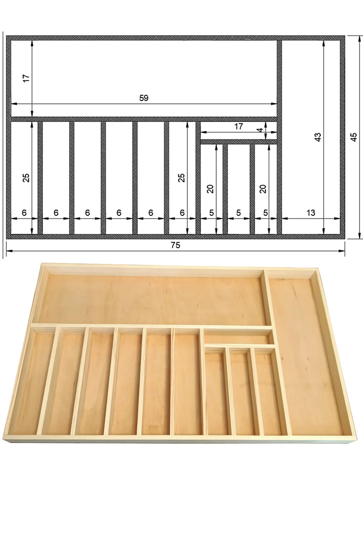 75×45 Cm Ayfiwood Ahşap Kaşıklık Ahşap Kaşıklık Çekmece İçi Düzenleyici Organizer Çekmece İçi Kullanım ve Düzen Görünümü