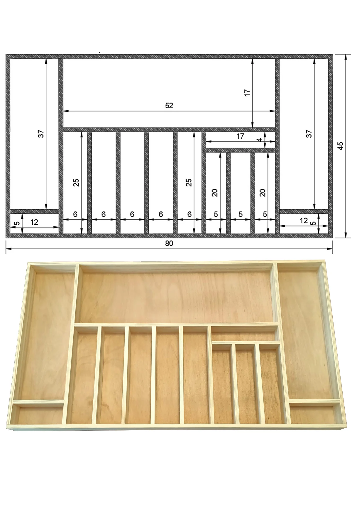 80×45 cm Ayfiwood Ahşap Kaşıklık Mutfak Çekmece Düzenleyici Organizer Ahşap kaşıklık Çekmece İçi Kullanım ve Düzen Görünümü