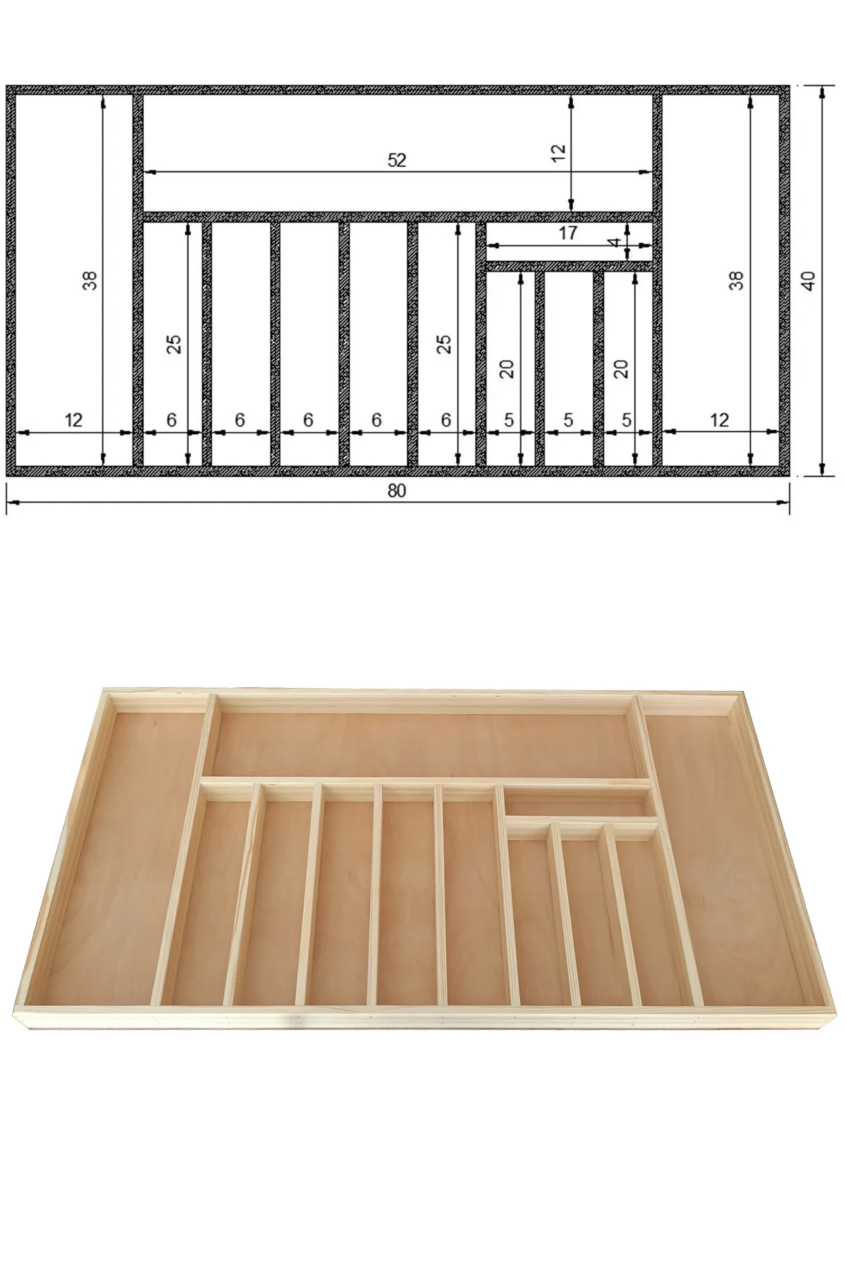 80X40 Cm Ayfiwood Kaşıklık Mutfak Çekmecesi Organizer Ahşap Kaşıklık Çekmece İçi Kullanım ve Düzen Görünümü