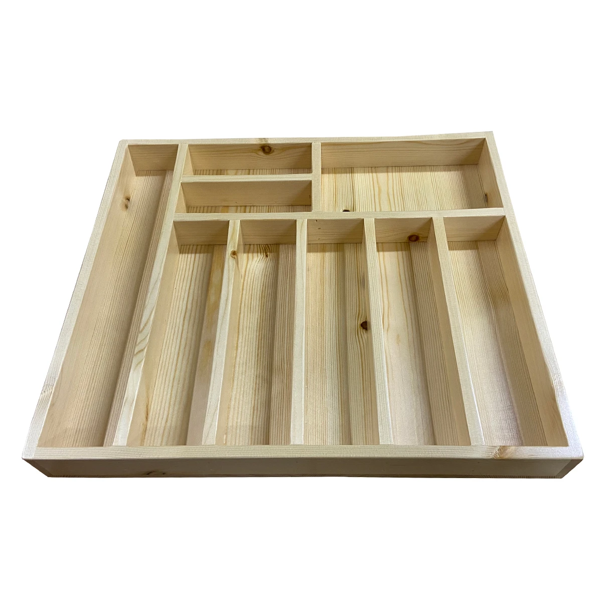 40×35-2 Kaşıklık Çekmece Içi Doğal Ahşap 9 Bölmeli Kaşık, Çatal, Bıçak Organizer 40×35 Bölmeleri ve Ahşap İşçilik Detayı