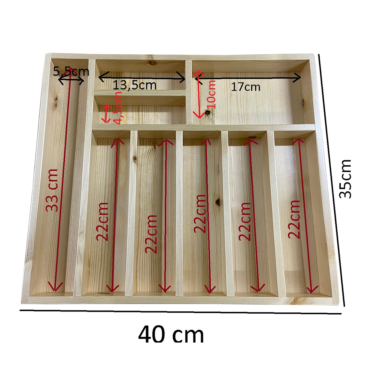 40×35-2 Kaşıklık Çekmece Içi Doğal Ahşap 9 Bölmeli Kaşık, Çatal, Bıçak Organizer 40×35 Çekmece İçi Kullanım ve Düzen Görünümü