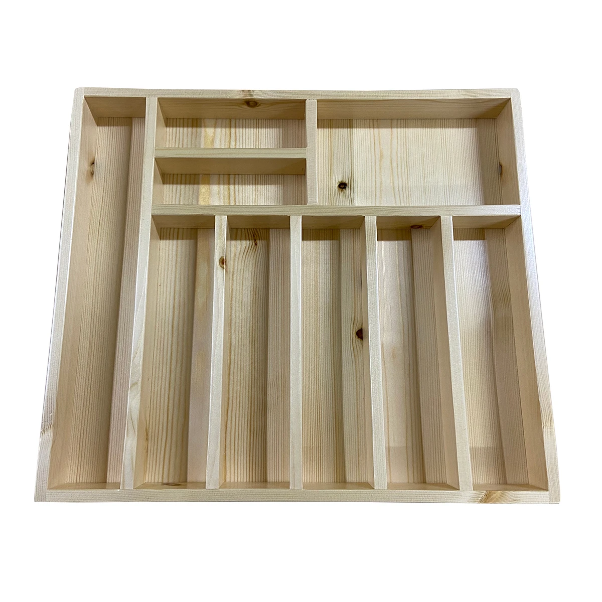 40×35-2 Kaşıklık Çekmece Içi Doğal Ahşap 9 Bölmeli Kaşık, Çatal, Bıçak Organizer 40×35 Üstten Kuşbakışı Görünüm