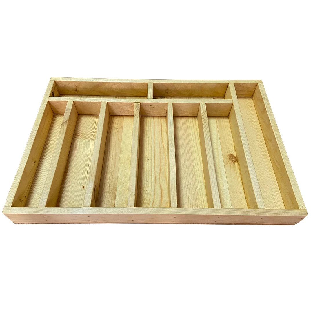 45×30 Kaşıklık Çekmece İçi Doğal Ahşap 9 Bölmeli Kaşık, Çatal, Bıçak Organizer Bölmeleri ve Ahşap İşçilik Detayı
