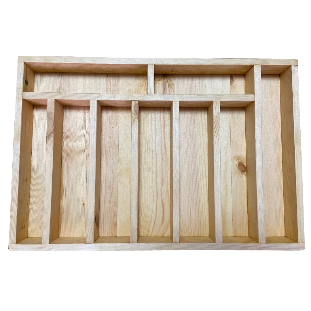 45×30 Kaşıklık Çekmece İçi Doğal Ahşap 9 Bölmeli Kaşık, Çatal, Bıçak Organizer Üstten Kuşbakışı Görünüm